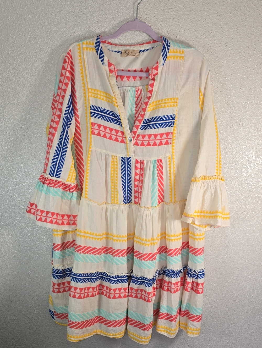 Sofia Boho Stripe Embroidered Tiered Dress - White with Multi Color Pattern